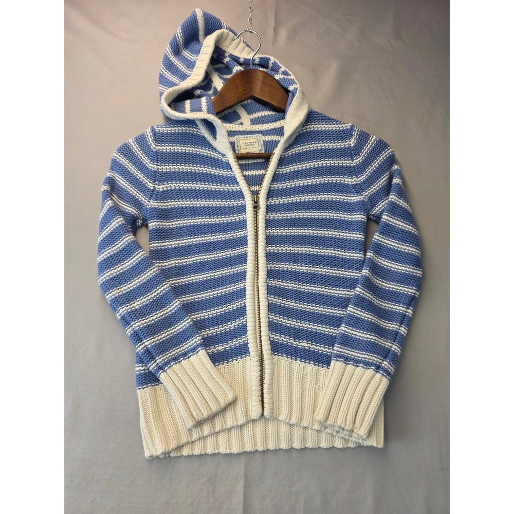 Old Navy Blue White Striped Full Zip Knit Hoodie Sweater Juniors Small Nautical